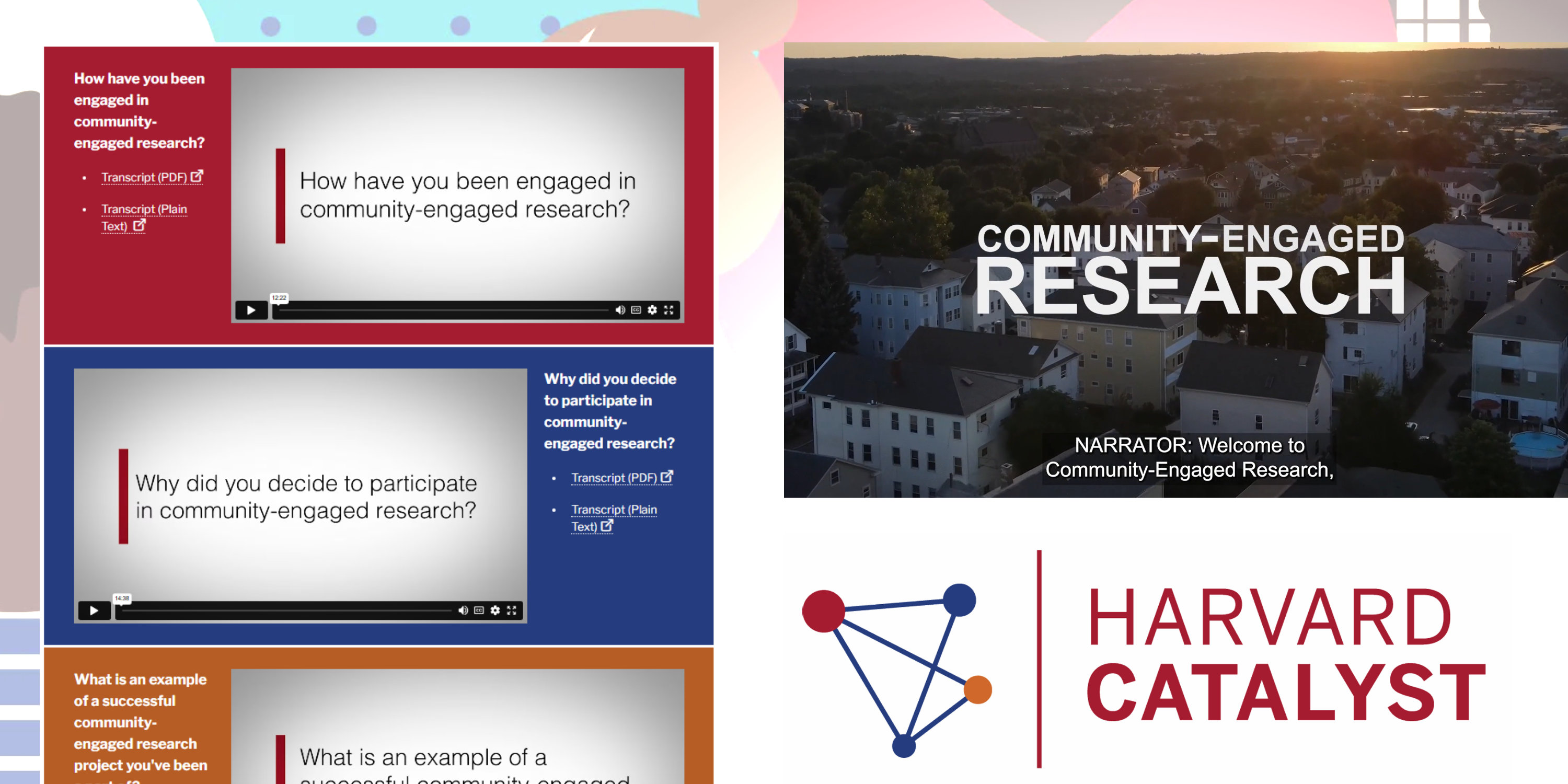 Digital collage of video screenshots on top of faded graphic of people with the Harvard Catalyst logo in the bottom right.