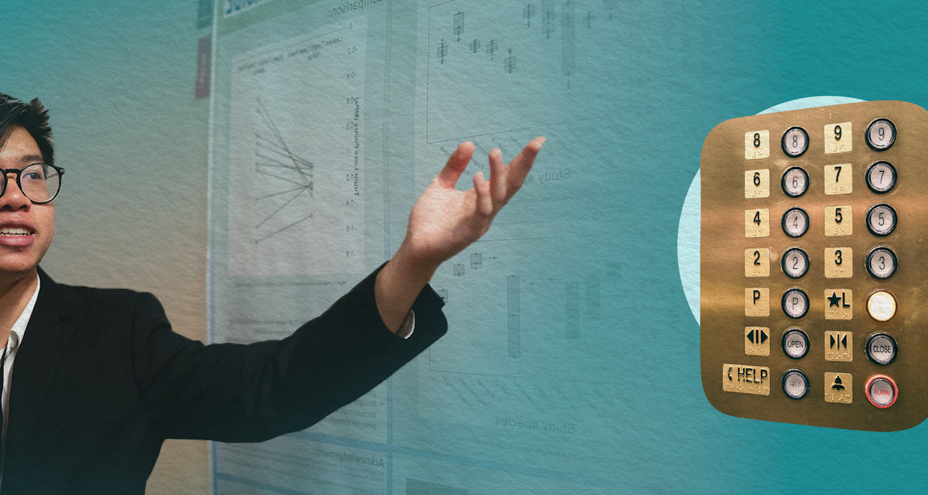 Digital collage of person gesturing as if presenting and a set of elevator lift buttons against a teal background.