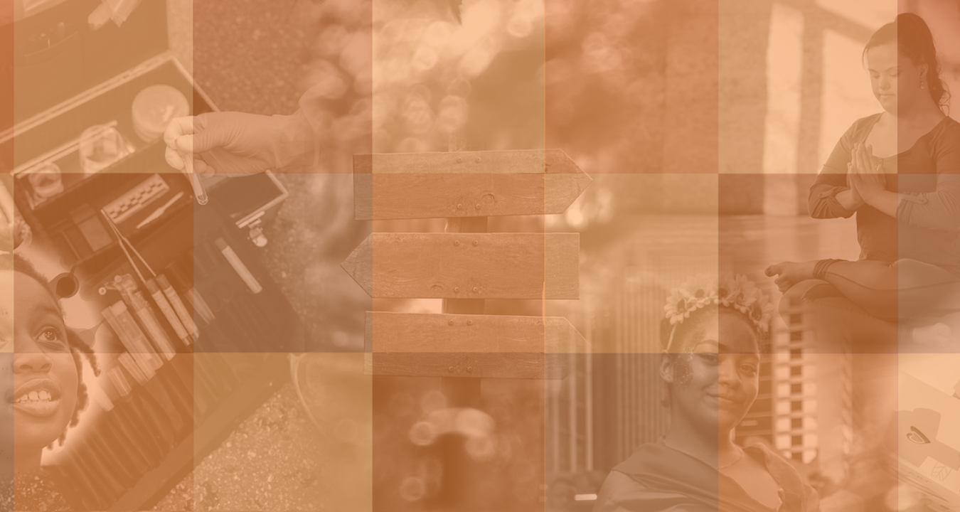 Digital collage of people engaged in yoga, dancing, and collecting evidence at a crime scene, cast in a golden hue.