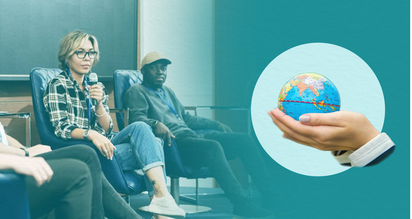Digital collage of panel discussion and a pair of hands holding a small globe against a teal background.