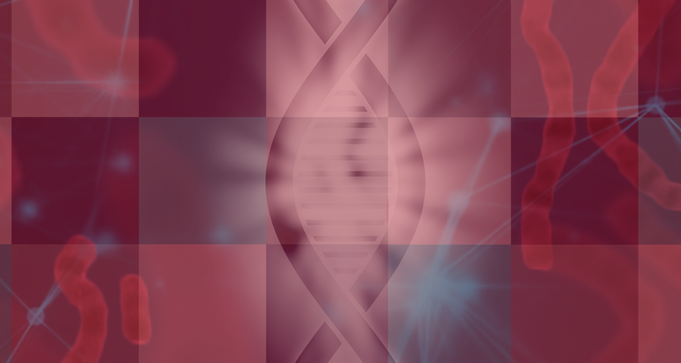 Digital illustration of DNA double helix, cast in a crimson hue.