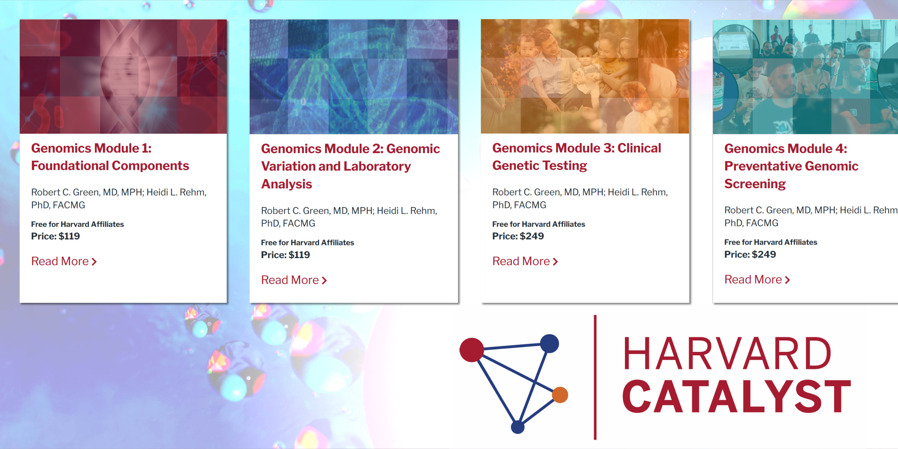 Digital collage of genomic medicine course product cards on top of faded illustration of DNA reminiscent abstract forms with the Harvard Catalyst logo in the bottom right.