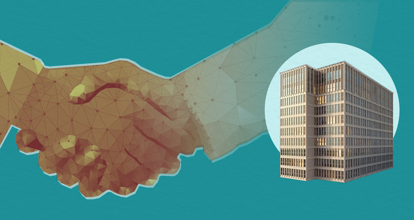 Digital collage of handshake and corporate-looking building with glass facade against a teal background.