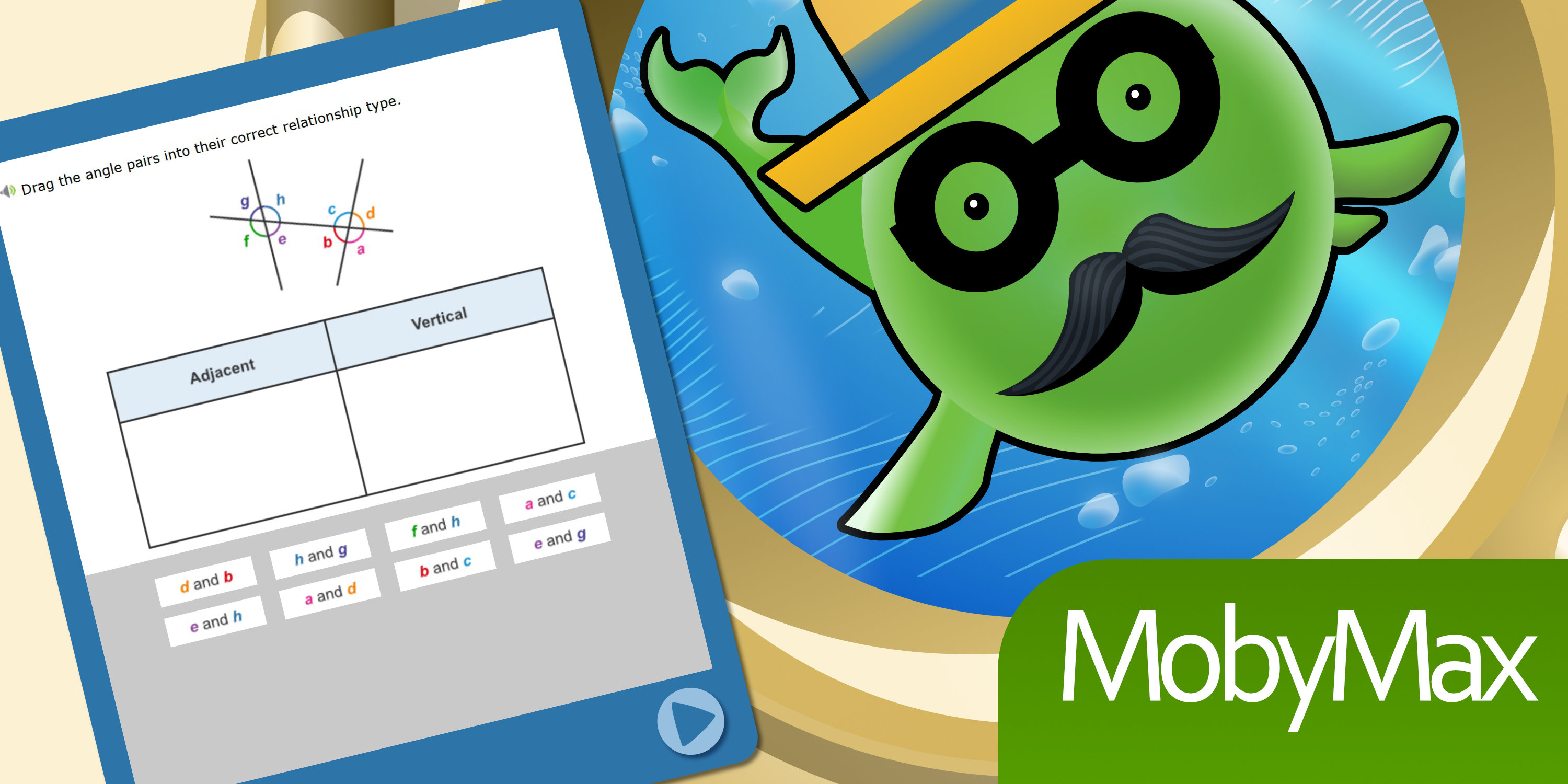Digital collage of drag-and-drop math problem on a touchscreen device and a green whale seen through a porthole with the MobyMax logo below.