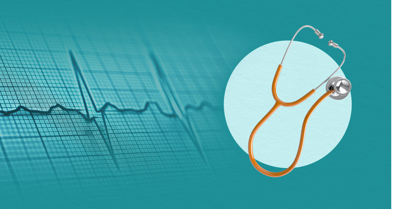 Digital collage of stethoscope and EKG graph against a teal background.