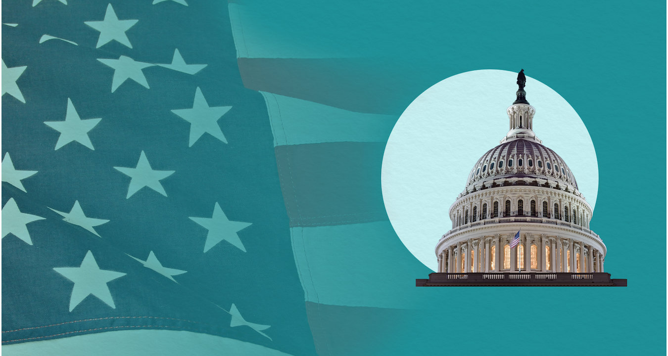 Digital collage of American flag and the Capital Building against a teal background.