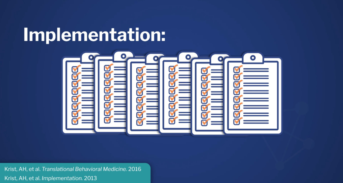 Video still with the word 'implementation' and a graphic of six clipboards with illegible citations in the lower-left corner.