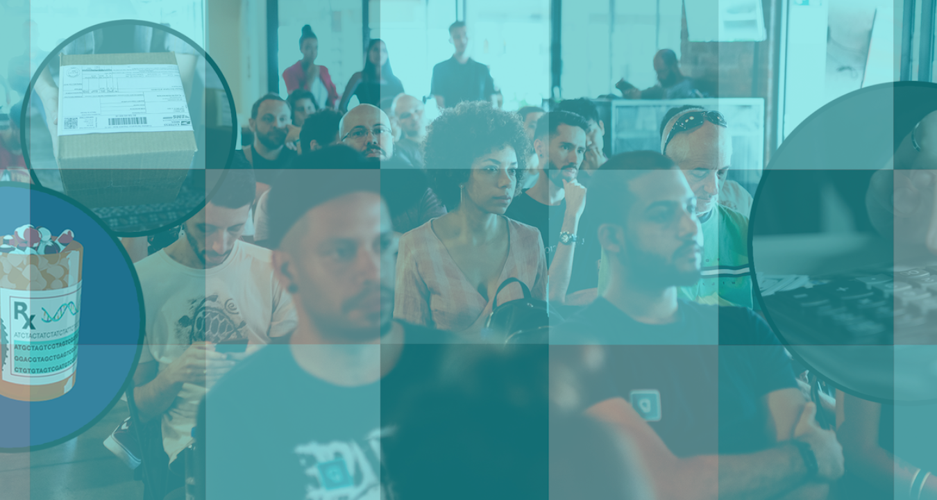 Digital collage of prescription bottles and delivery packages floating over a photograph of people waiting attentively in rows of seats, cast in cyan.