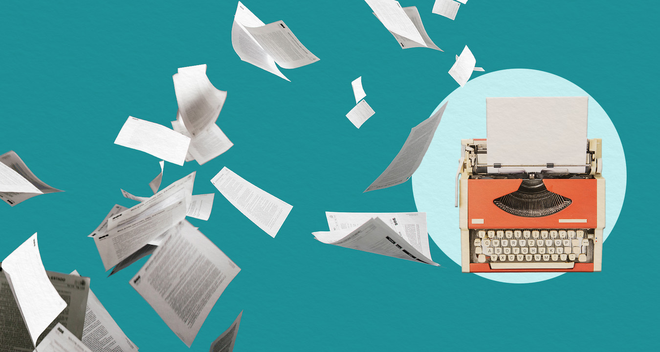 Digital collage of paper falling from orange typewriter against a teal background.